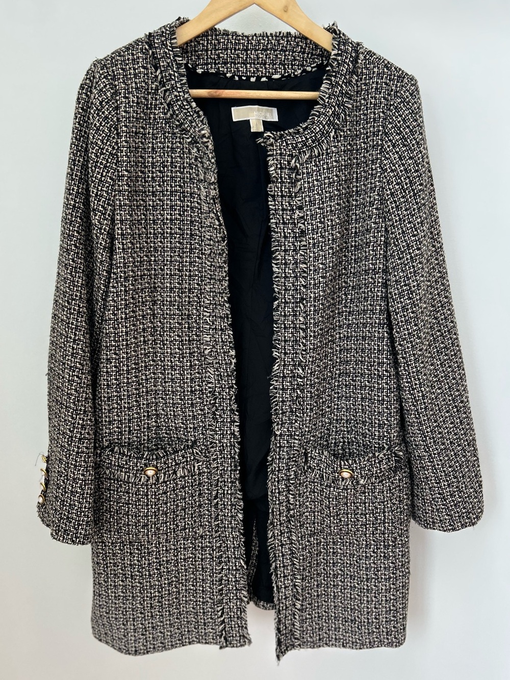 Michael Kors Tweed Jacket Black Cream Fringe Gold Buttons M 20.5x30.5
